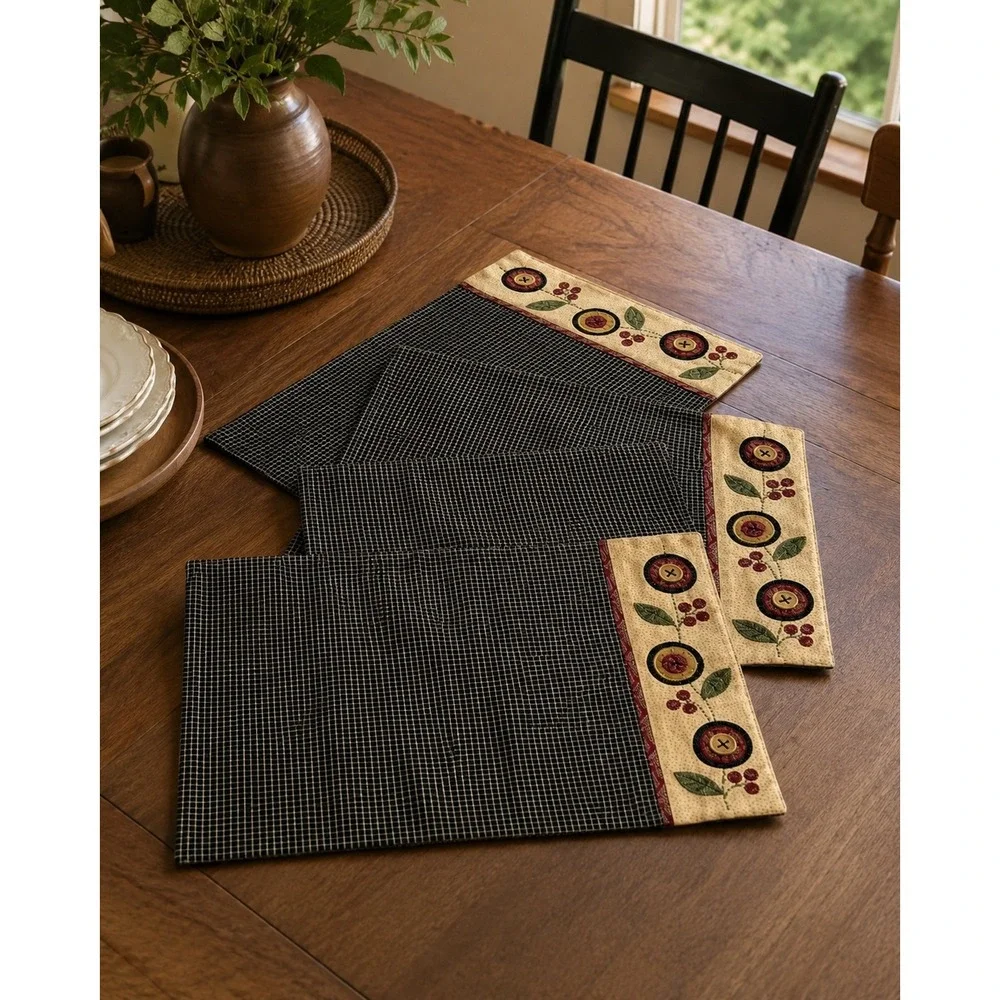 Primitive Country Button Berry Placemats Set Of 3 Farmhouse Table Linens
